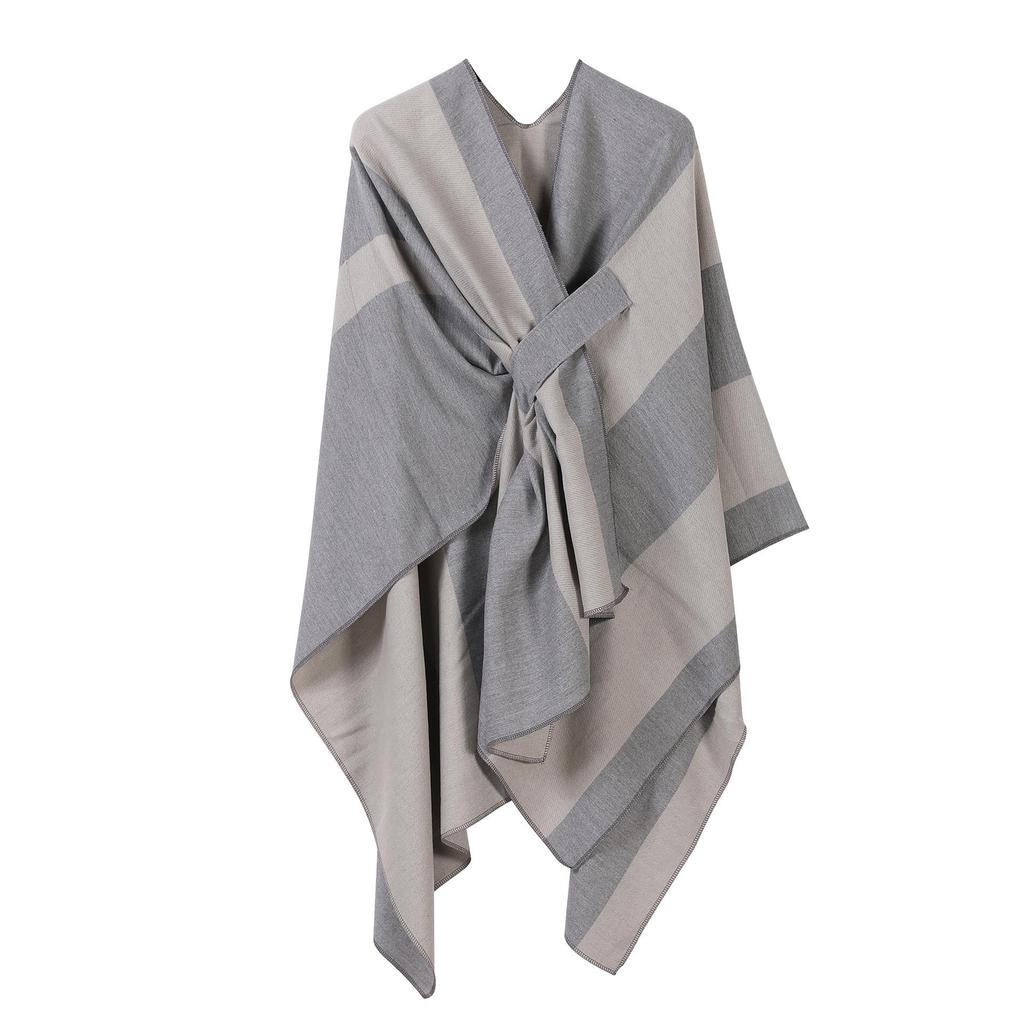 Women's European & American Double-Sided Solid Color Cape Shawl with Striped Edge