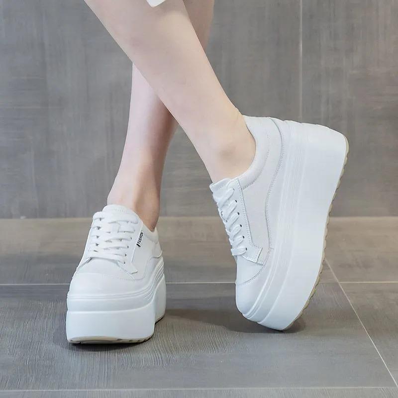 Fashion 8cm New Canvas Genuine Leather Women Pink Fashion Sneakers Platform Shoes Wedge Hidden Heel Ladies Summer Mixed Color Vulcanize