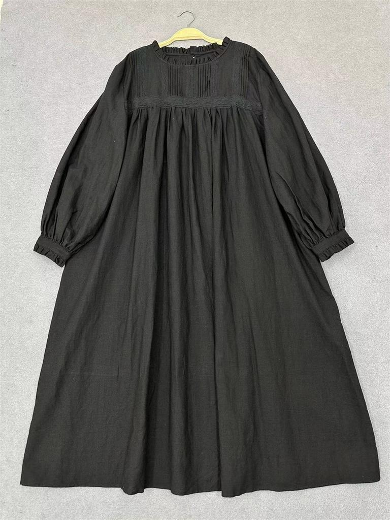 Johnature Japonské ženy Lesní šaty Vintage akordeon plisovaná krajka Volné Jednoduché Jednobarevné Podzimní Dámské Šaty