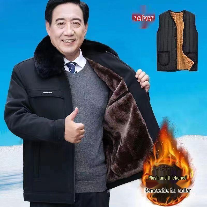 Men's Winter Coat for Seniors - Thickened Cotton Padded Jacket with Buttons for Ages 70-80