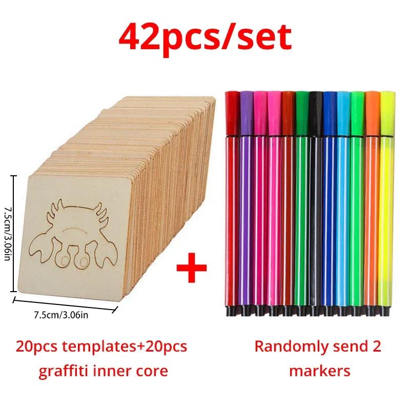 42/48/40pcs Wooden DIY Drawing Template Templates With Markes, Children's Drawing Template Drawing Tool Set