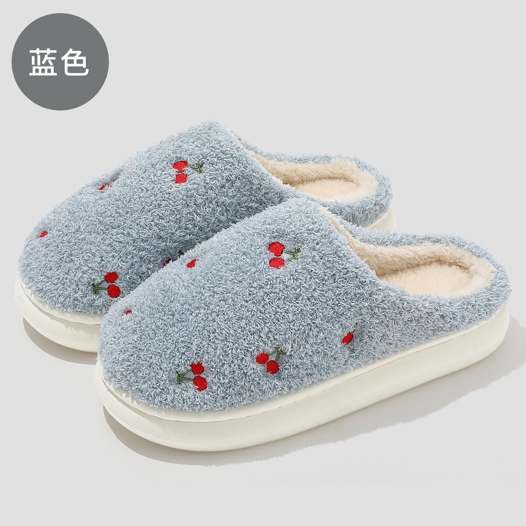 Home Cotton Slippers Winter Cute Embroidered Cherry Plush Warm Indoor Household Non-slip Fluffy Slippers