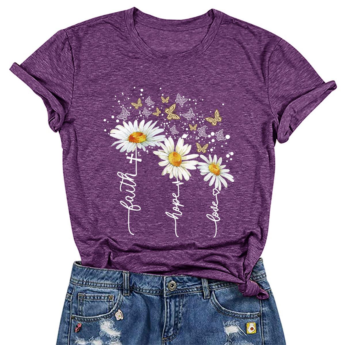 

New Short Sleeved Loose Casual 3D Printed Daisy Butterfly Fun Round Neck Women s Short Sleeved T-shirt S
