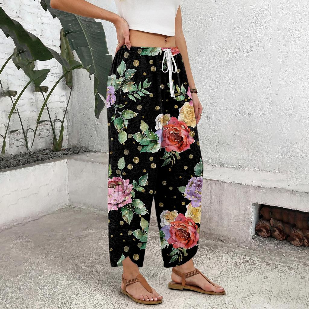Women's Drawstring Wide Leg Printed Pants - Loose Fit Straight Leg Casual Trousers for Everyday Wear