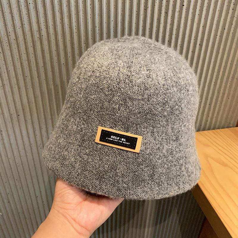Japanese Ins Simple Letters Woolen Retro Bucket Hat Autumn and Winter Women Fashion Versatile Solid Color Fisherman Hat