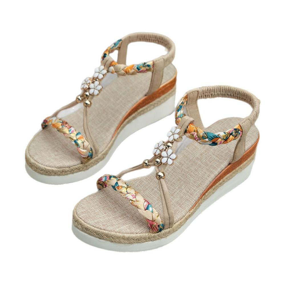 2025 summer new large size bohemian wedge heel sandals women's casual open-toed hollow flower women's sandals