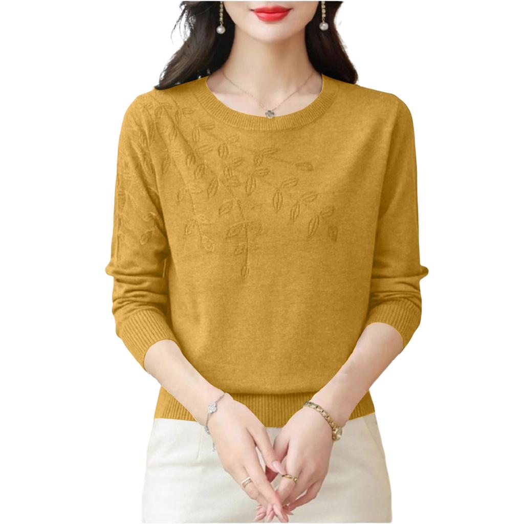 Damen Besticktes Rundhals Unterzieh-Top Modischer Und Stilvoller Langarm Altersreduzierender Einfarbiger Pullover