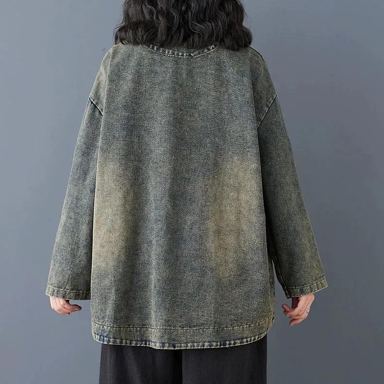 Plus Size V-neck Versatile Casual Long Sleeve Distressed Denim Jacket