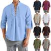 Mens Stand Collar Long Sleeve Shirt Cotton Henleys Shirt Hippie Casual Beach Shirt