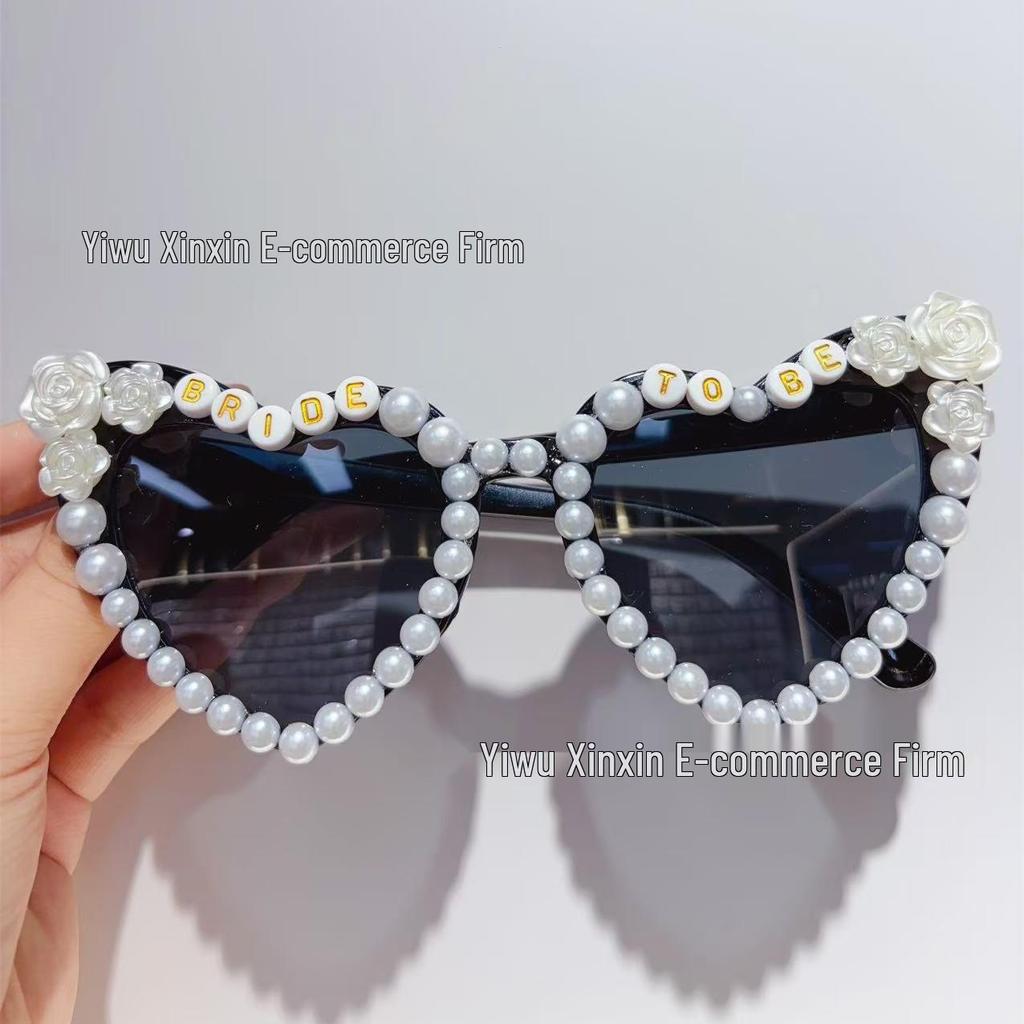 Crystal Heart Bride Sunglasses with Rhinestones & Pearls - Women's Bachelorette Party Accessory
