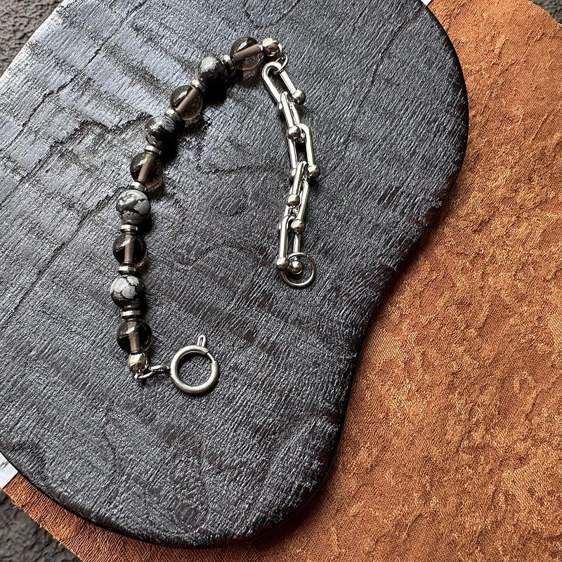 Unisex Gaga Snowflake Obsidian & Stainless Steel Handmade Bracelet
