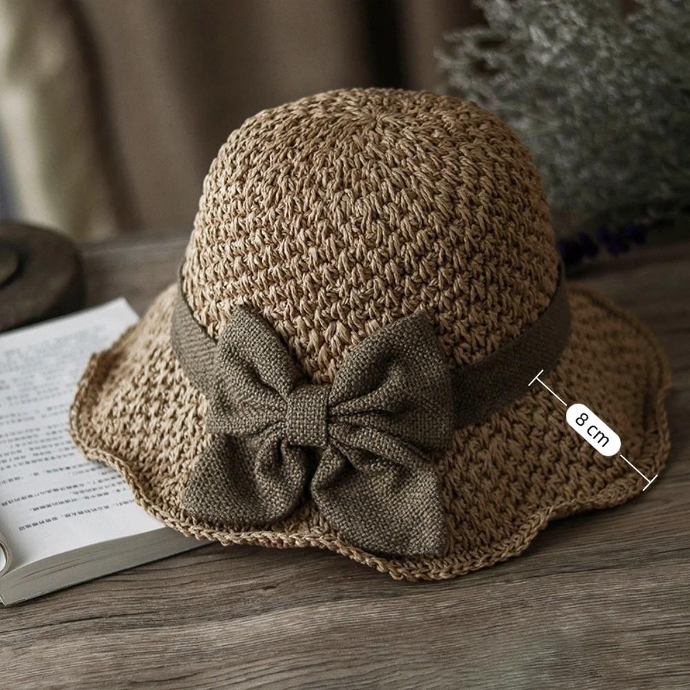 Vintage Atmungsaktiver Geflochtener Strohhut Faltbar mit Schleife Strandkappe Breitere Krempe UV-Schutz Sonnenschutzhut Damen
