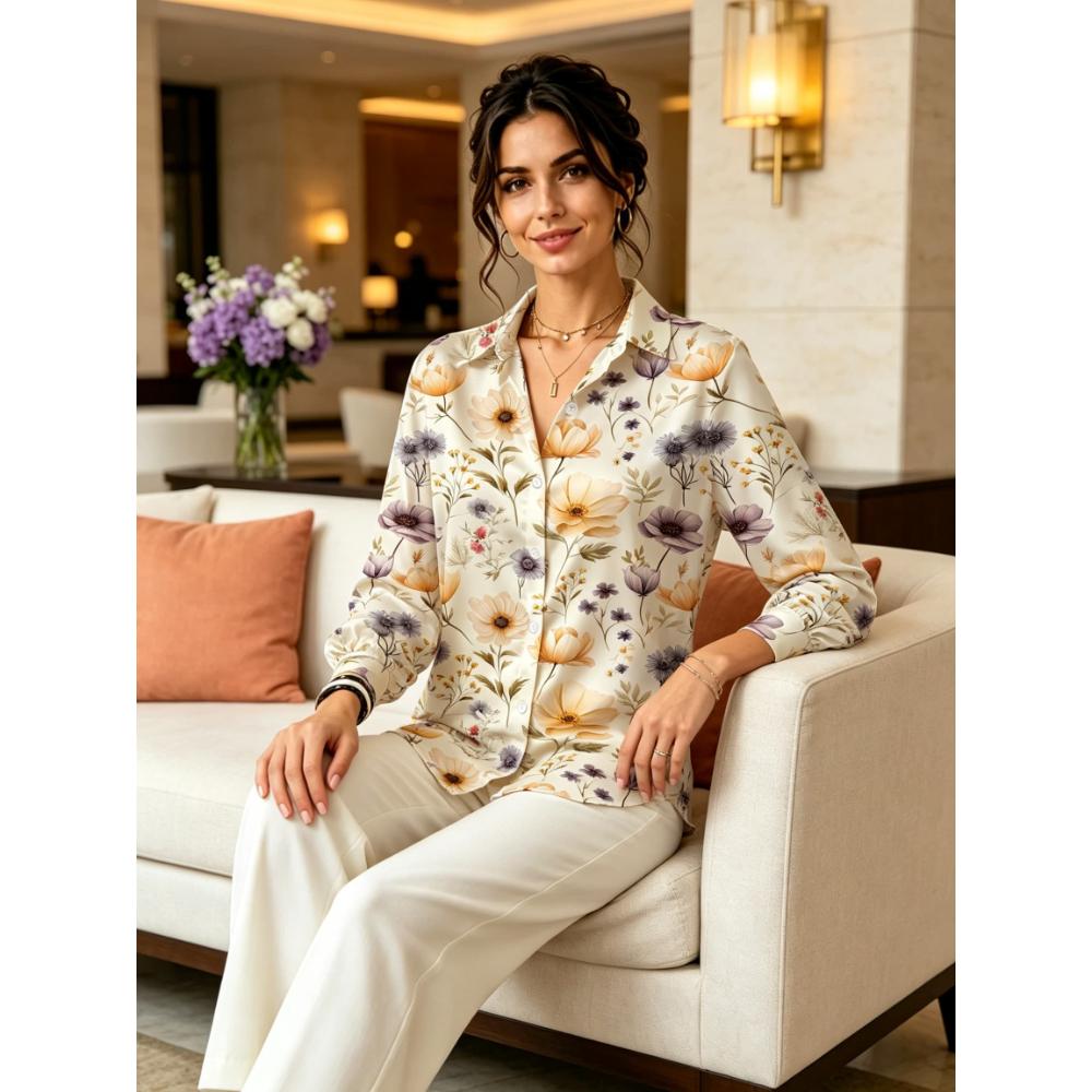 Light Purple Floral Print Satin Long Sleeve Shirt, Women Lapel Blouse for Office & Daily