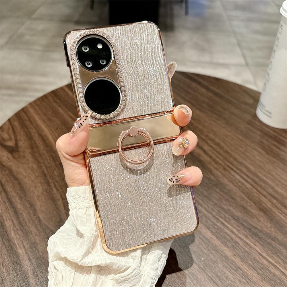 

For Huawei P50 Pocket Case with Ring Holder Ripple Texture Hard PC Electroplating Phone Cover Gold