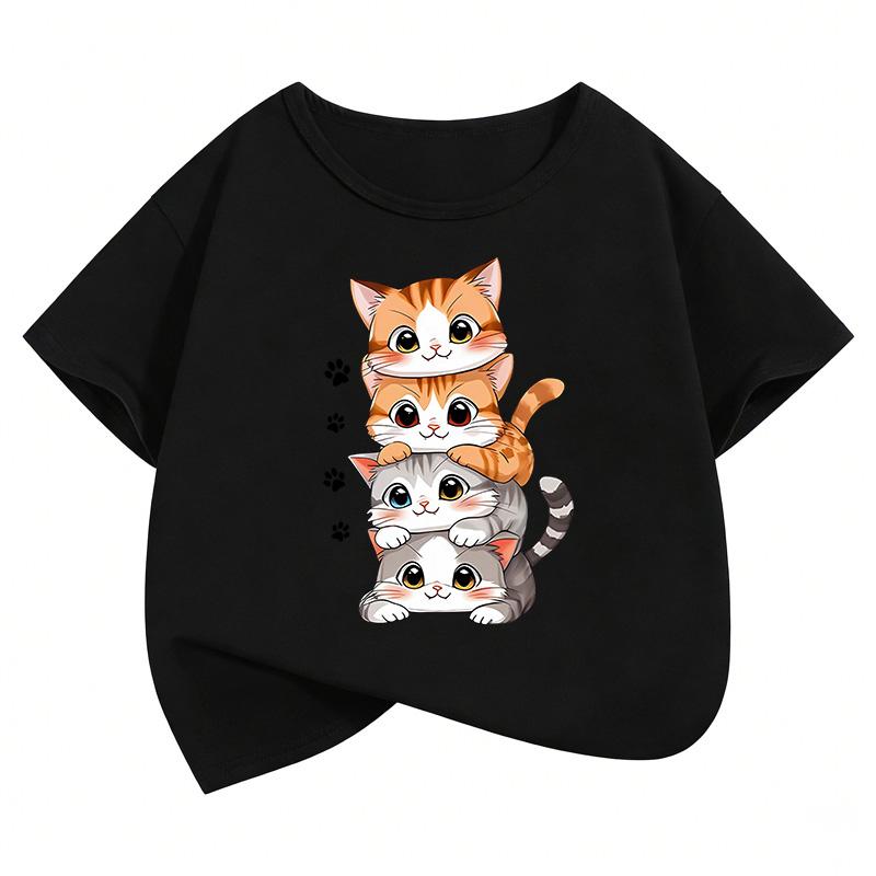 Girls Cute Stacked Kitten Kids Cotton TShirt Cartoon Cat Print Casual Tee Kawaii Animal Graphic Summer Tops