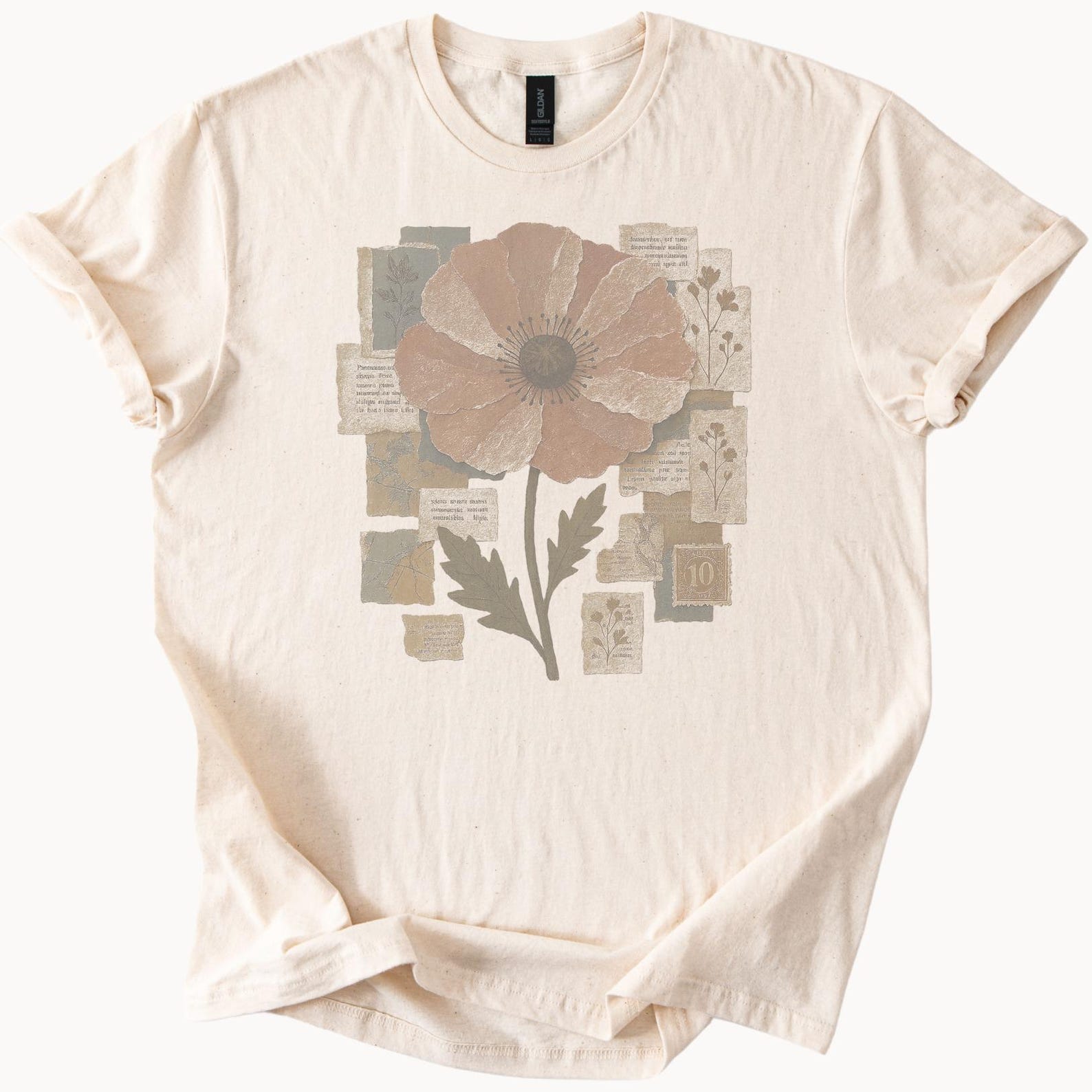 Vintage Botanical Poppy Flower Graphic Tee Nature Collage Art 100