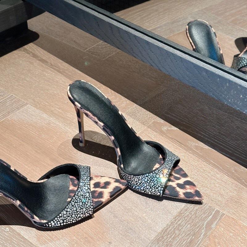 Cool Slippers Women's 2025 New Summer Wear High Heels, Thin Heels, Pointed Rhinestones, Leopard Print, One-word Drag, High-end Skirt
