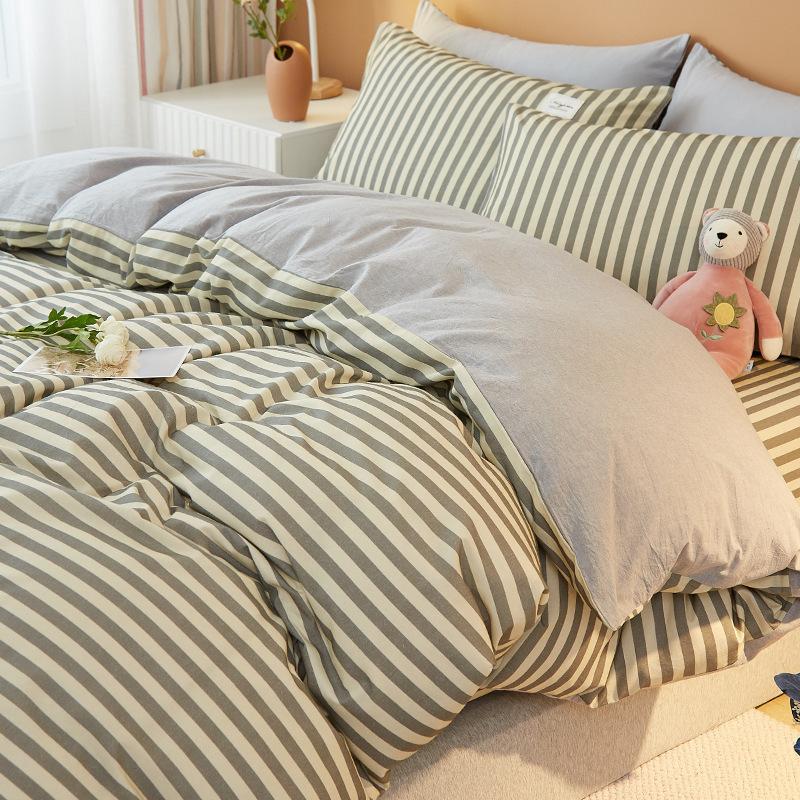 Unbedrucktes, vierteiliges, dreiteiliges, gewaschenes Bettbezug-Bettwäscheset im japanischen Stil mit kariertem Bettbezug