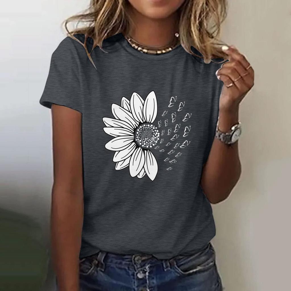 Women's Casual Floral Print Short Sleeved T-shirt With Round Neck  Top