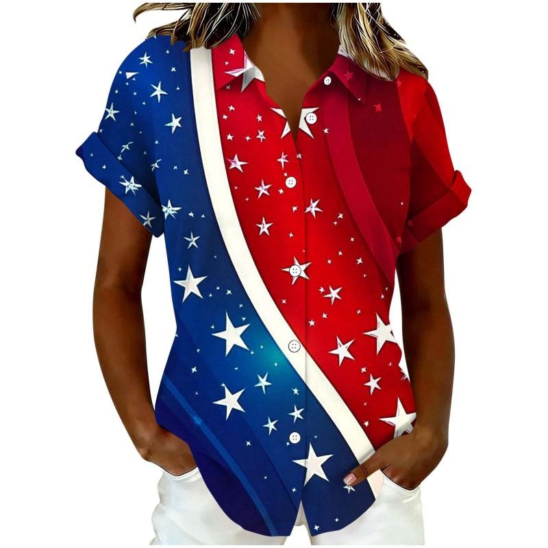 Womens Loose Fit Short Sleeve Printed Shirt Casual Vacation Style Collared Open Front Top
