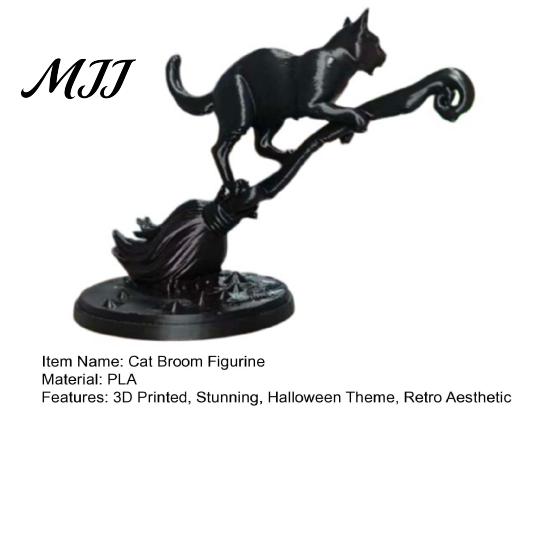 3D Printed Cat Statue Black on Witch Broom Figurine, Broomstick Statue, Halloween Miniature Decor Tabletop Ornament for Tiered Tray, Desk, Table