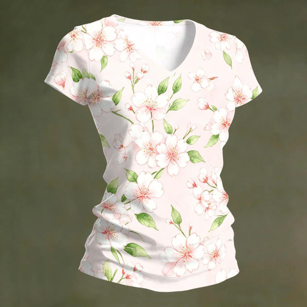 Women V Neck Short Sleeve Floral Print T Shirt Casual Loose Fit Lightweight Soft Fabric Summer Top for Daily Wear