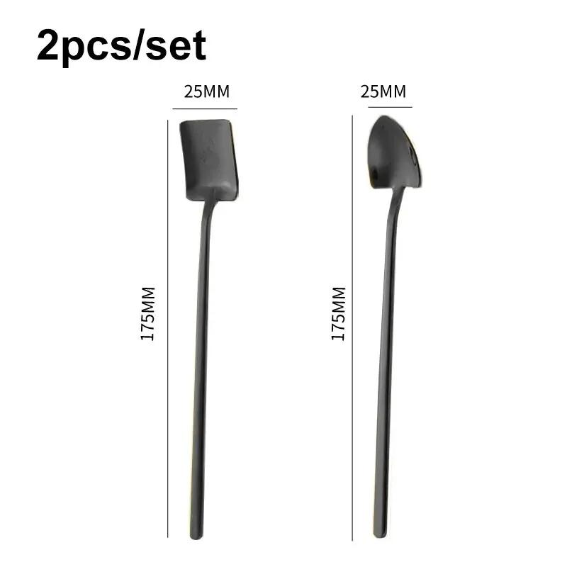 2pcs/set 304 Stainless Steel Long Handled Spoon Household Shovel Shaped Dessert Spoon Coffee Mixing Spoon