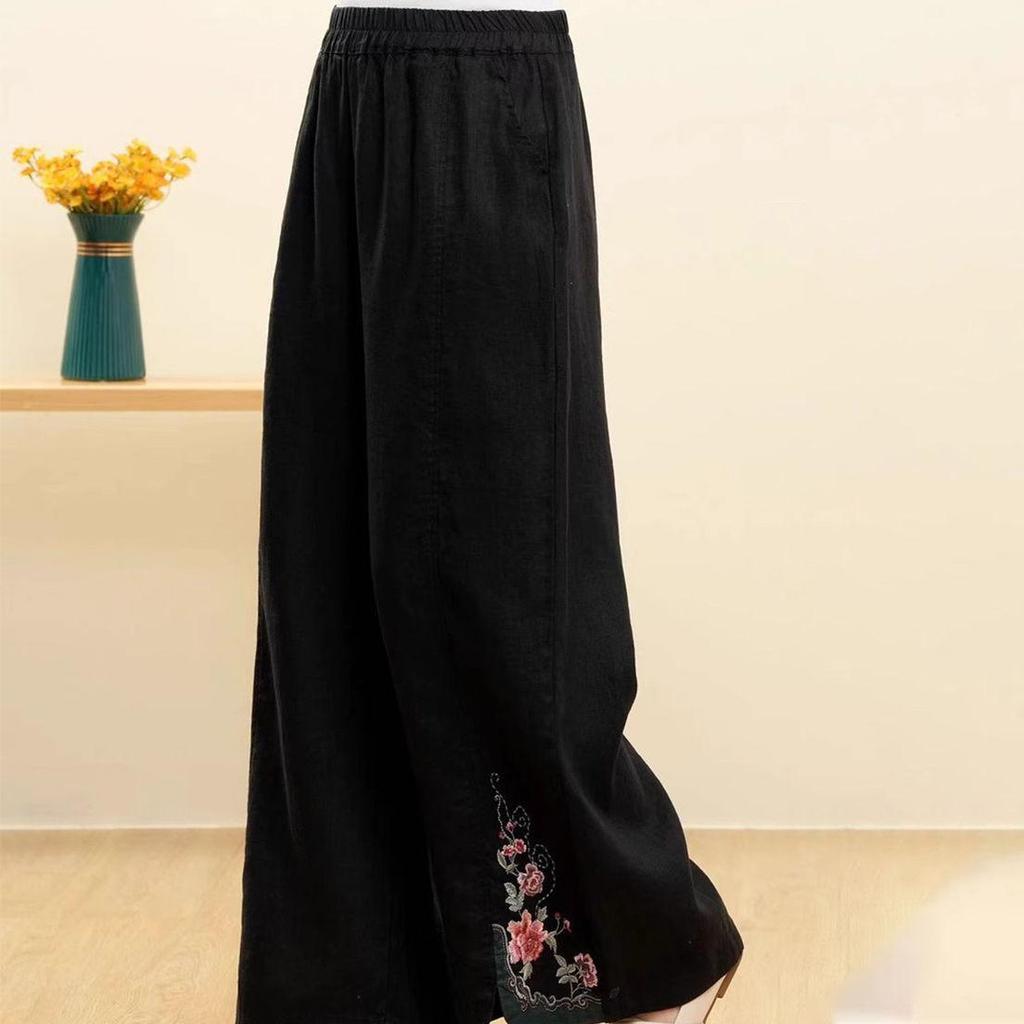 Luźne, bawełniane lniane spodnie w stylu retro w stylu chińskim z grubymi haftowanymi spodniami z szerokimi nogawkami dla kobiet