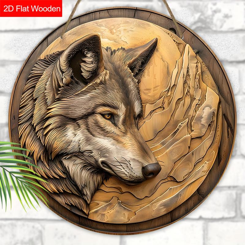 Unik träskylt med vargmönster - Rustik rund skylt för ytterdörr, vägghängande dekor - Idealisk present till vän & familj