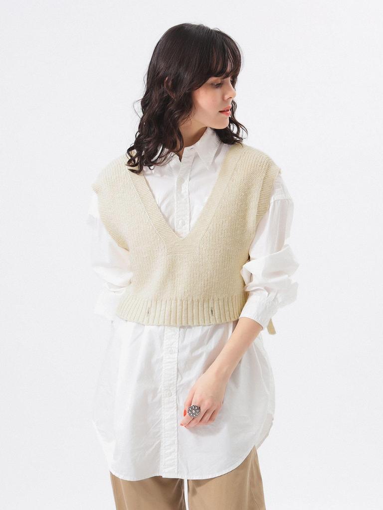 Beams Boy Women's Short Red Cross Knit Vest, Ivory, One Size, 13050146126