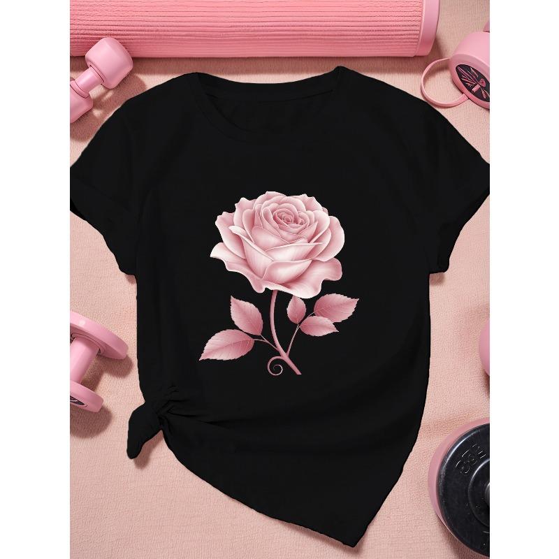 

European Size Women s Plus Size Short Sleeve T-Shirt - Single Rose & Geometric Print Round Neck Casual Blouse -Spring Summer Casual Attire 4XL чорний