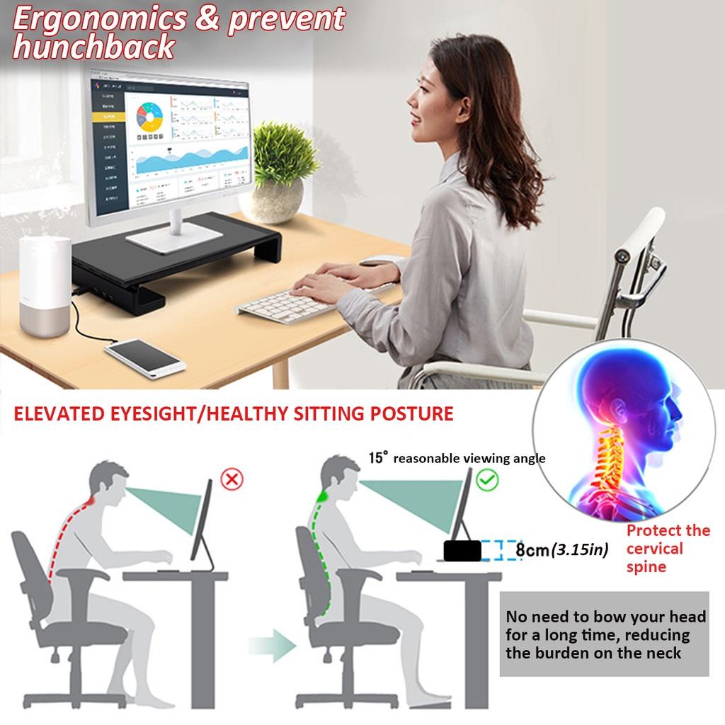 4 USB Multifunktions-Monitorständer mit 2.0 Anschlüssen, Ladefunktion, Monitorhalter, Computerbildschirm-Regal, Laptopständer, Organizer, Schwarz
