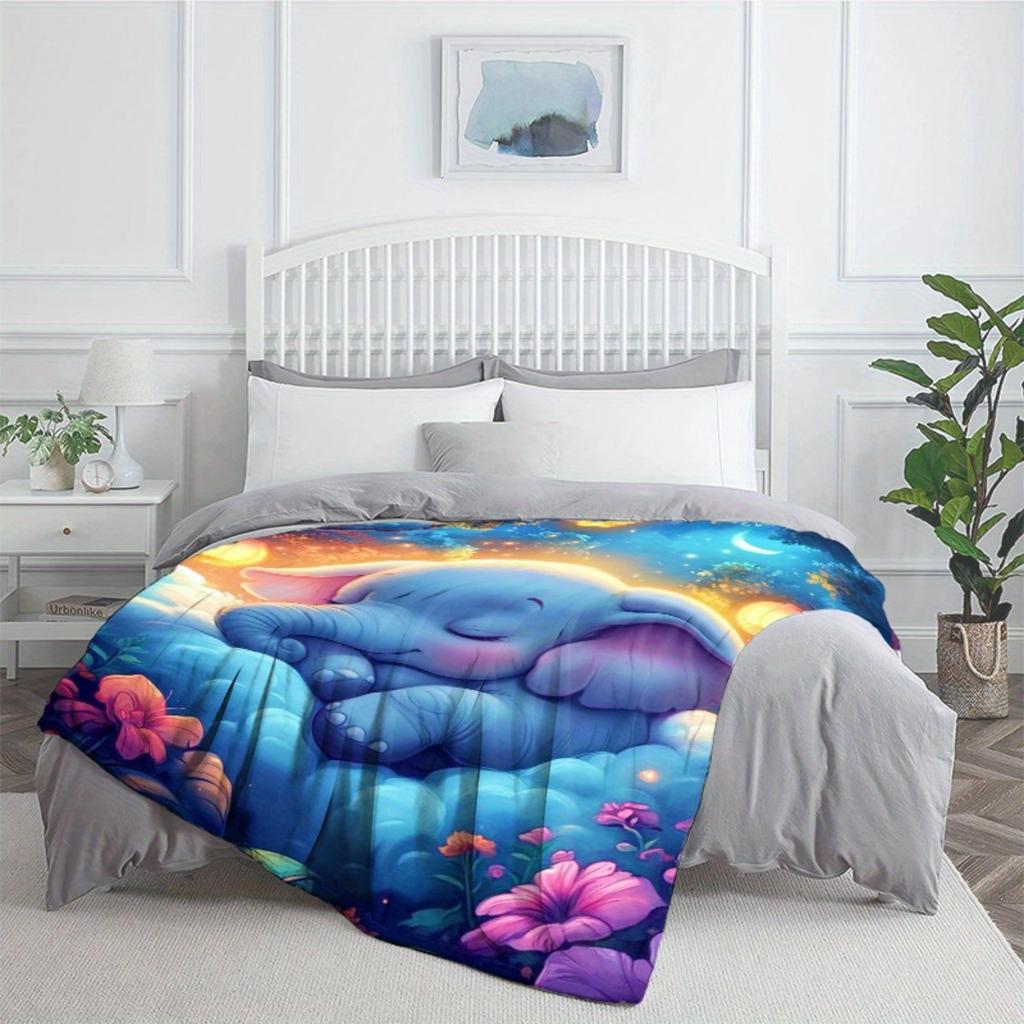 1pc Sleeping Elephant Blanket Magical Night Sky Blanket Cartoon Baby Elephant Blanket Dreamy Cloud Design Kids Room Decor Gift