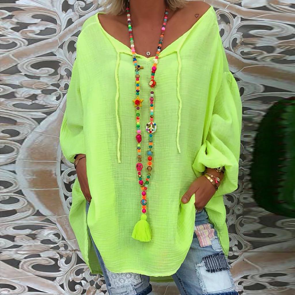 

Женская свободная однотонная рубашка больших размеров с длинным рукавом и v-образным вырезом M зелёный