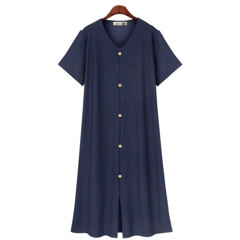 Plus Size Women's Retro Style Summer Dark Blue V-neck Single Breasted Simple Mid-Length Short Sleeve Dress Women Dress