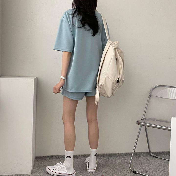 Women summer Casual Sports Loose Short Sleeve Top & Shorts Letter Printed Cotton Outfit  Two Piece Clothes Set