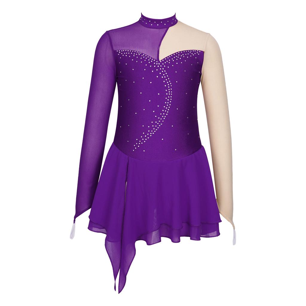Girls Dance Dress Long Sleeve Round Neck Patchwork Design Hollow Back Rhinestone Detail Skating Costume