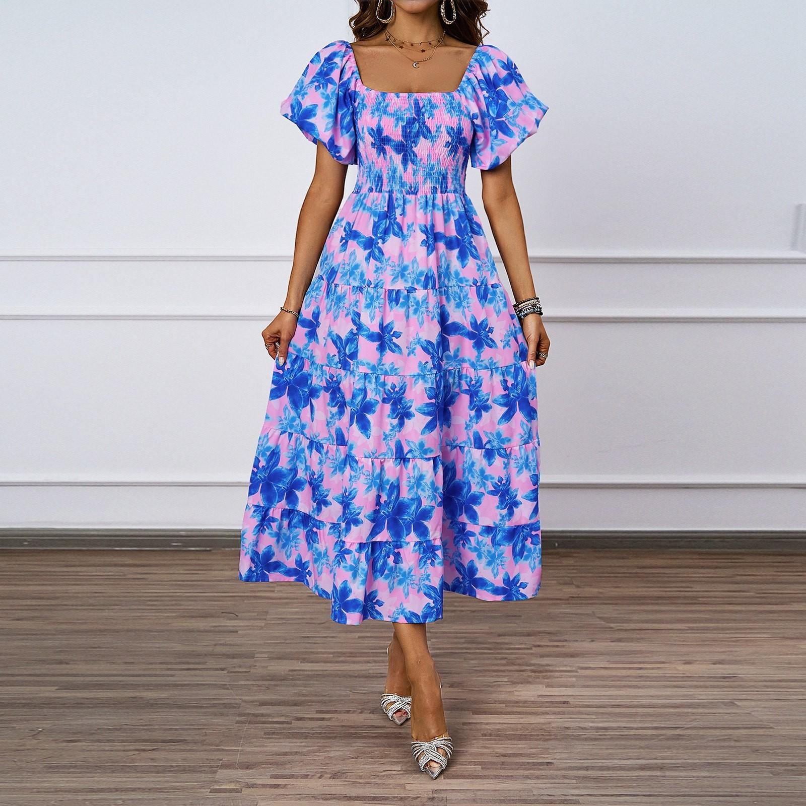 

Жіночна модна сукня з квадратним вирізом, квітковим принтом, рукавами-буфами та темпераментом L синій