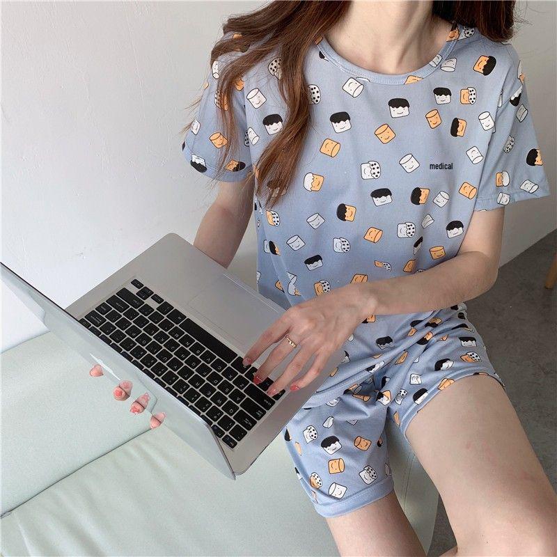 Damen Sommer Kurzarm Pyjama Set: Dünn, Lässig, Lockere Passform, 7/8-Hose - Ideal für Zuhause