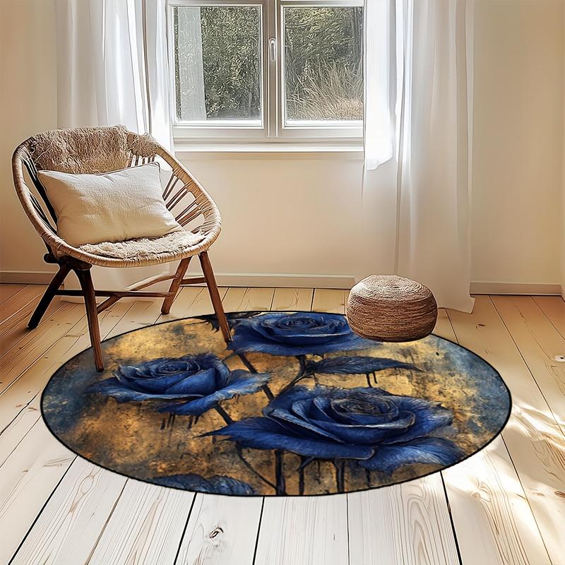 Luxury  Navy Golden  flower Pattern Round Shape Floor Mats Kitchen Hallway Runner Rug Bedroom Living Room Soft Carpet Non-slip Area Rug