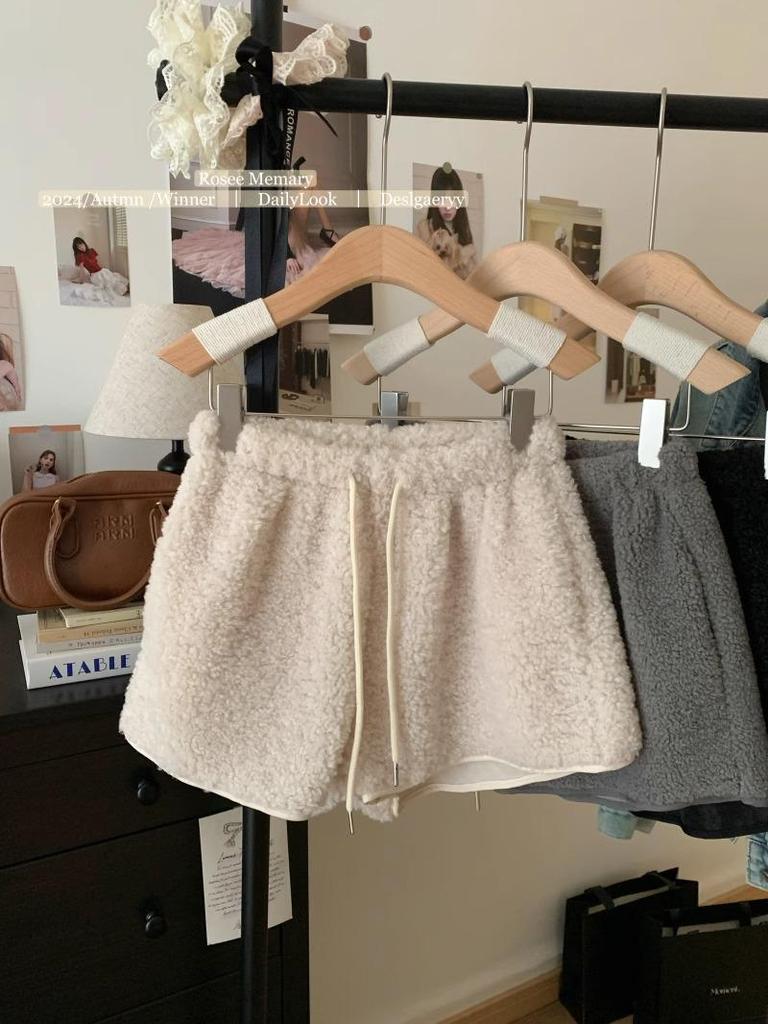 Women's 2024 Lambswool High Waist Drawstring Warm Shorts - Autumn/Winter Casual Loose Fit Hot Pants Outerwear
