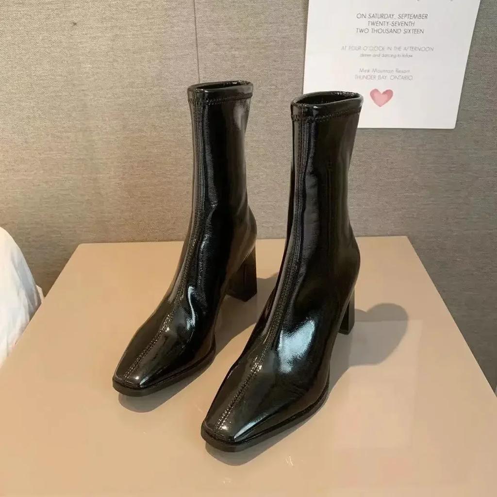 Women Patent Leather White Ankle Boots Women Autumn Fashion Slip On High Heels Boot Woman Pointed Toe Thick Heeled Short Booties