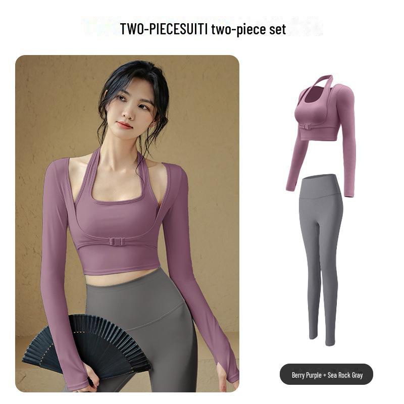 Spring Quick-Dry Running Fitness Suit: Two-Piece Long-Sleeve Yoga Top with Fixed Chest Pad