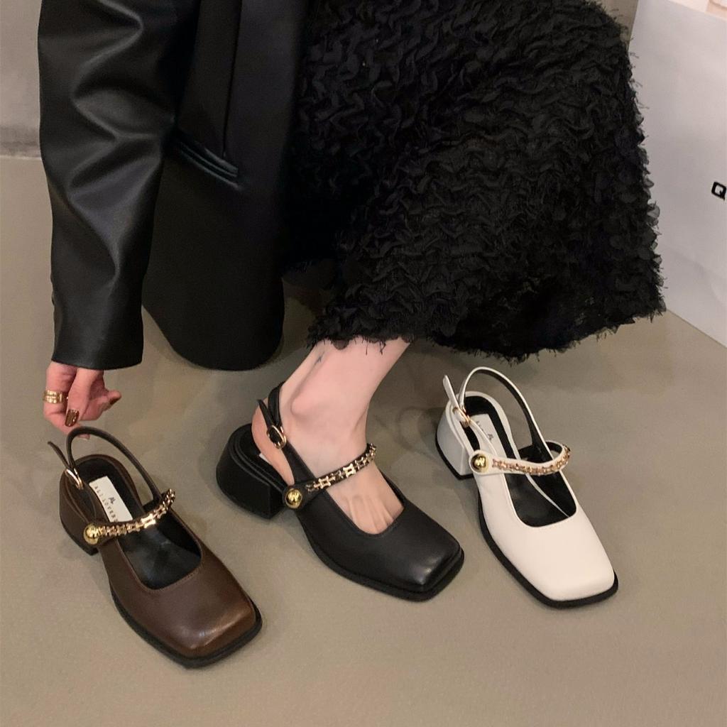 French black high heels bag head sandals women's shoes 2025 new spring and summer thick heel Mary Jane evening single shoes