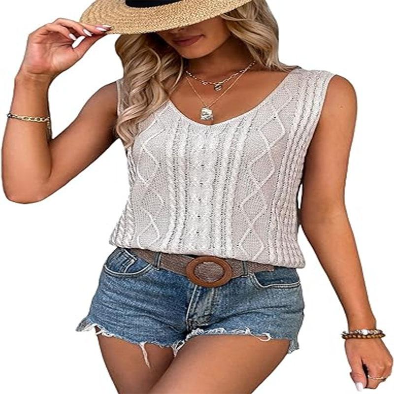 Tejido de punto casual de primavera y verano para mujer, con cuello en V, trenzado, calado, para vacaciones
