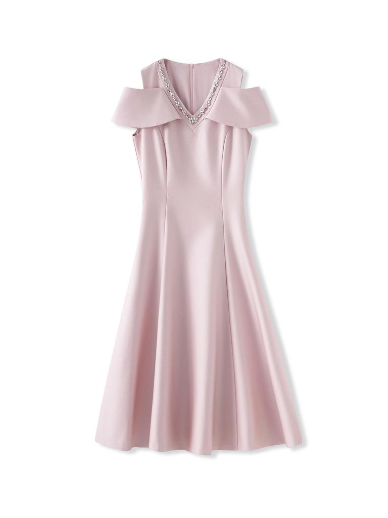 Elegant French V-Neck Off-Shoulder Summer Evening Dress - Light Luxury Studded Waist-Hugging Design