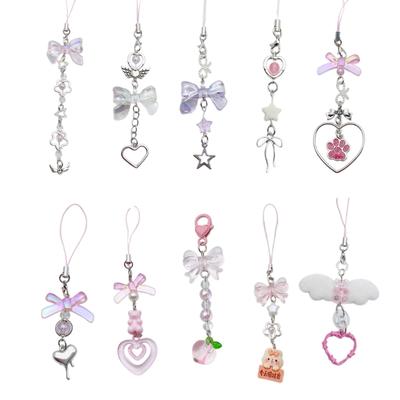 Pendentif Cœur Nœud Papillon Dragonne de Téléphone Chaîne de Téléphone Amovible Lanière de Téléphone Perles Porte-clés Faits Main pour Portefeuille Sac