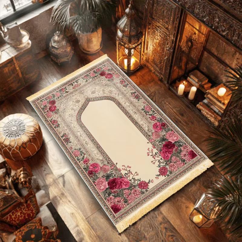 VIKAMA Beige Rose Retro Palace Prayer Rug Worship Mat Yellow Tassel Islamic Prayer Carpet for Home Bedroom Living Room