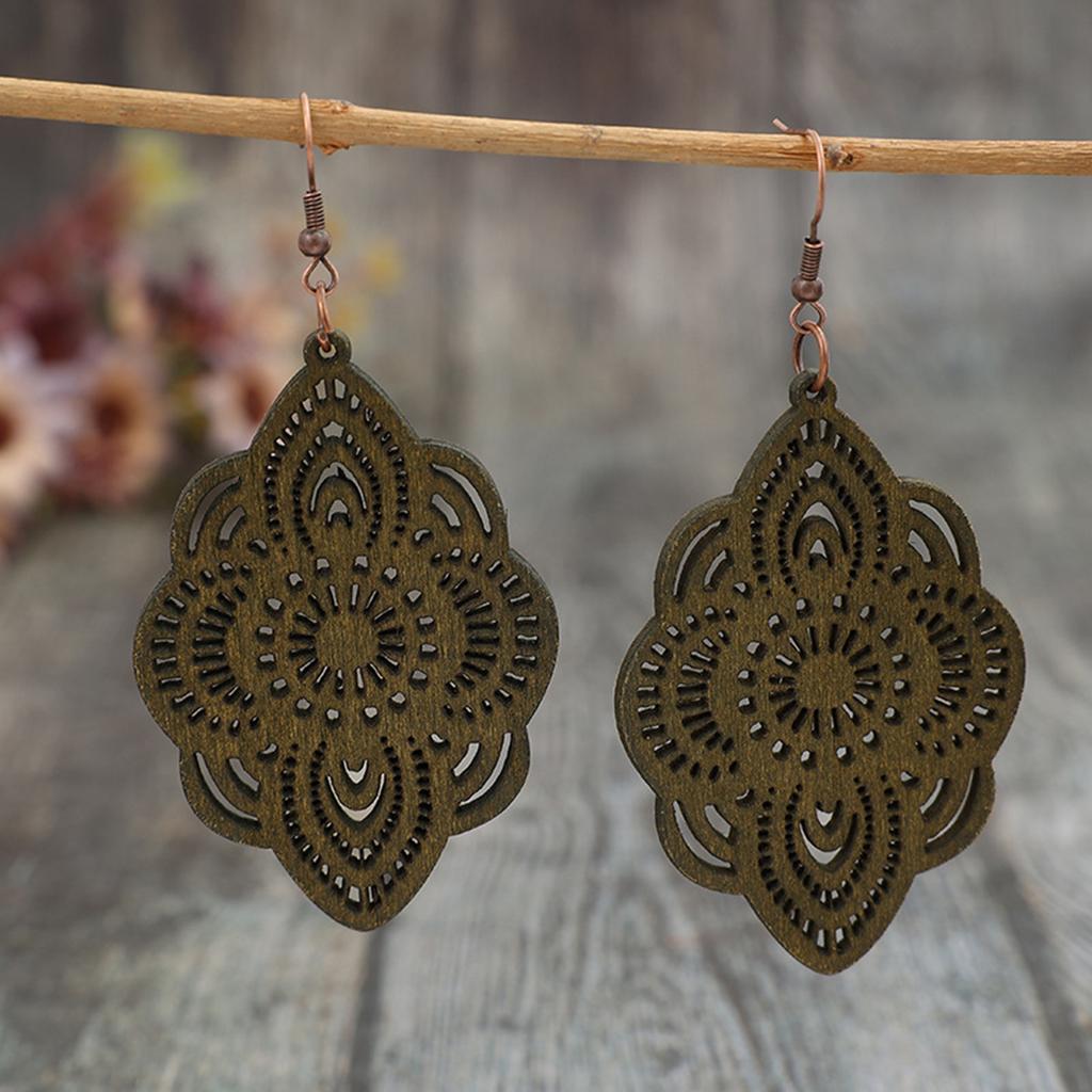 New Vintage Ethnic Style Long Wooden Earrings with Carved Patterns