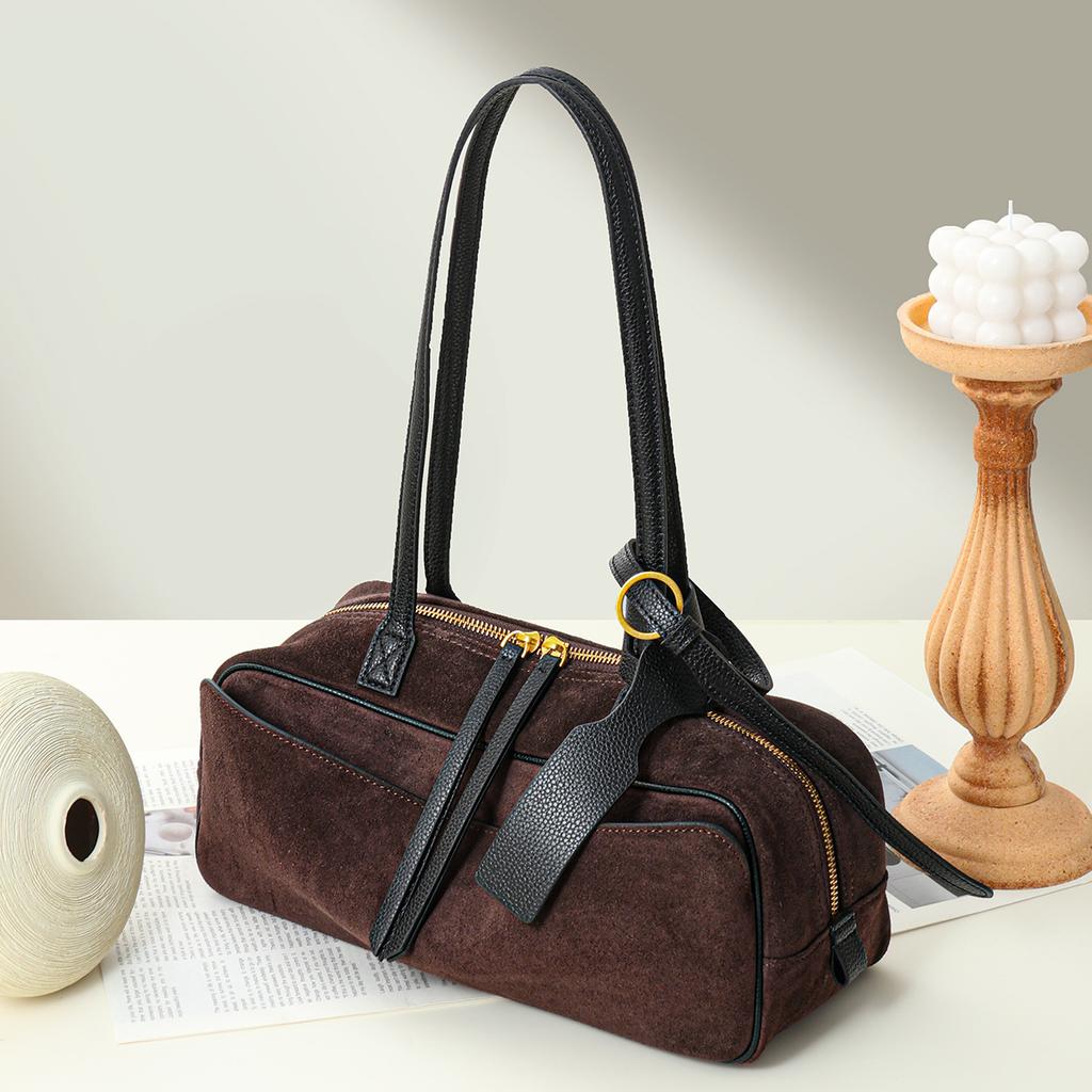2025 Genuine Coow Leather Suede Bowling Bag Minimalist Luxury Boston Bag Women's Versatile Commuter Top-Handle Shoulder Bag